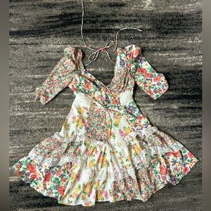 Colorful Floral Print Patchwork Dress With Lace Trimming and Puff Sleeves